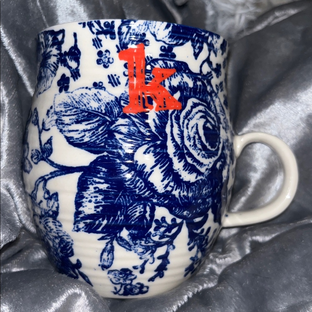 Anthropologie monogram letter k mug cobalt blue and white